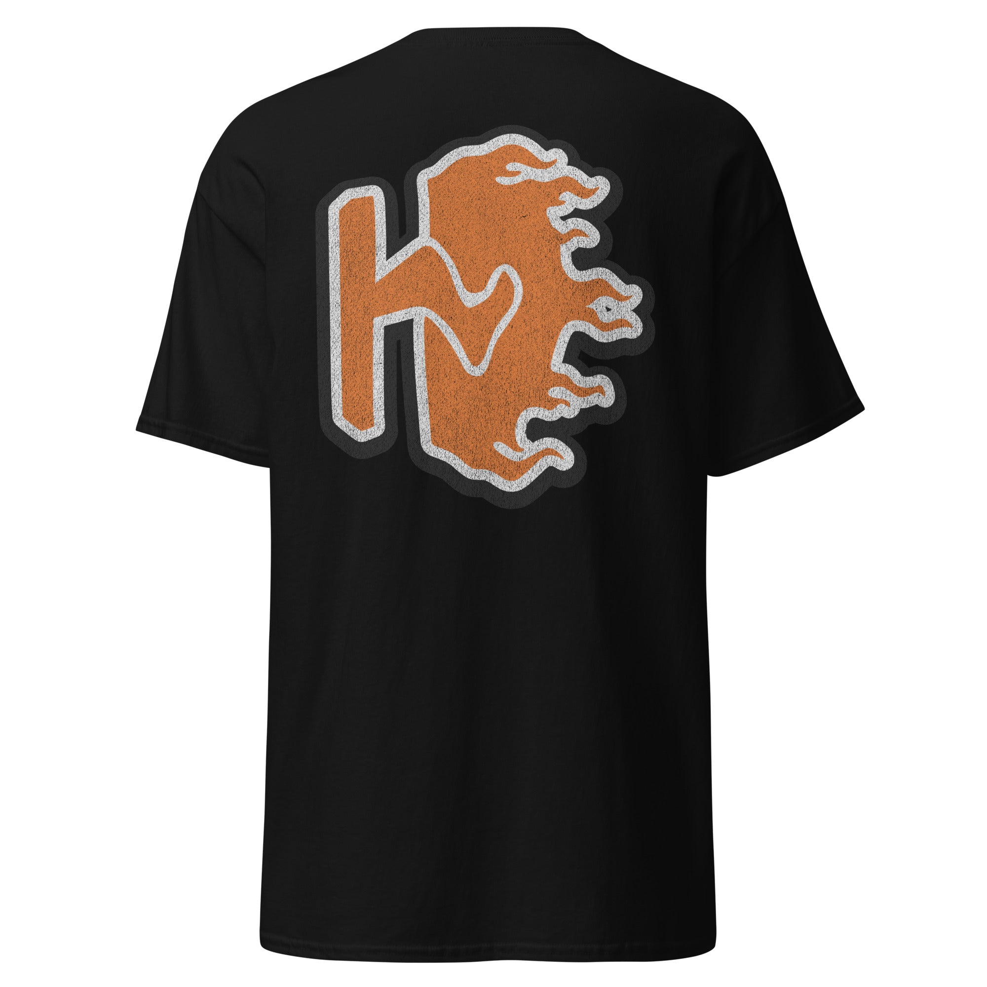 Back of the black Human Days Ignite Tee, featuring a large, orange, distressed flame graphic with the letters HD.
