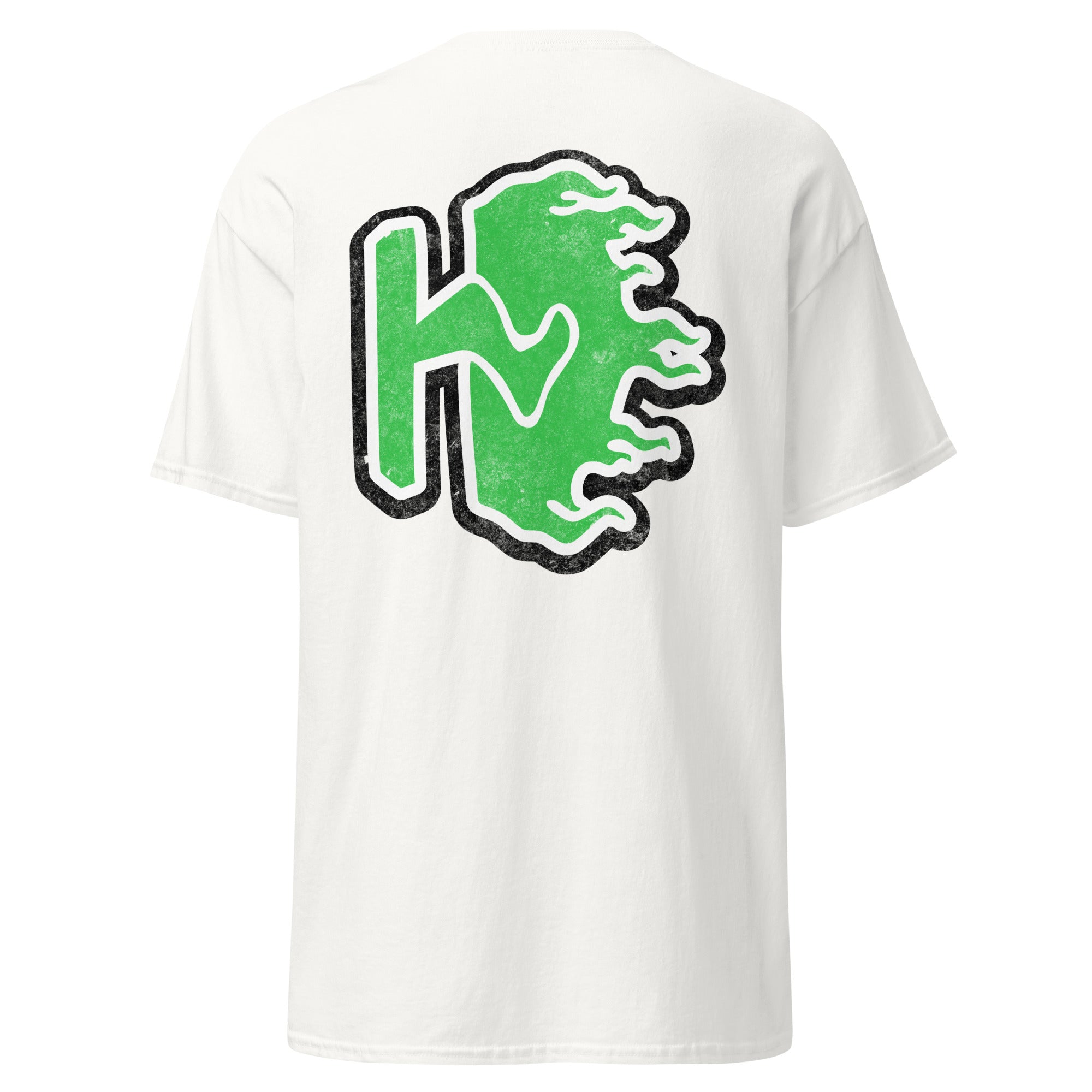 Back of the white Human Days Ignite Tee, featuring a large, green, distressed flame graphic with the letters HD.
