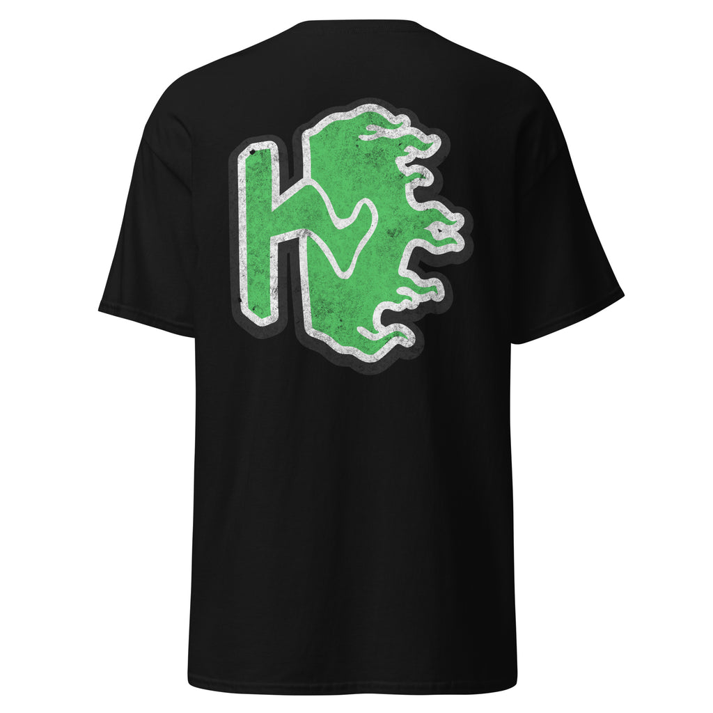 Back of the black Human Days Ignite Tee, featuring a large, green, distressed flame graphic with the letters HD.