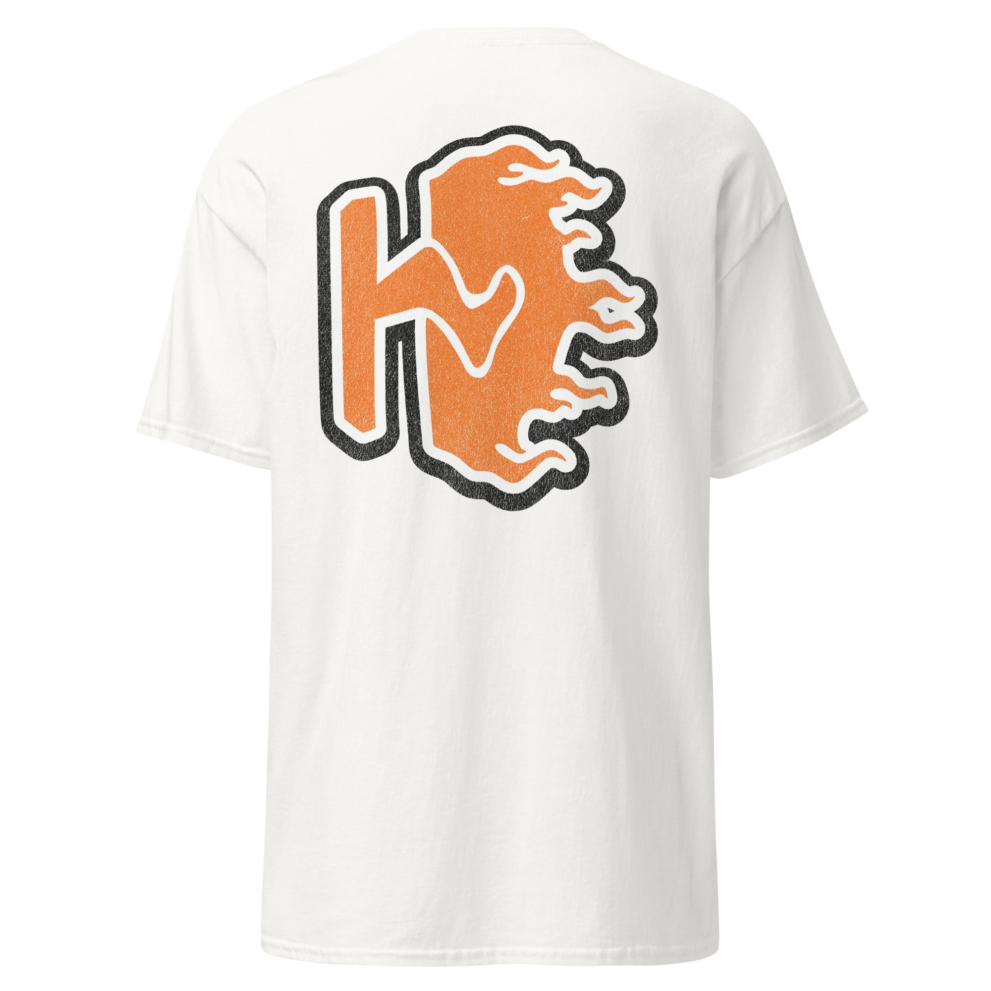 Back of the White Human Days Ignite Tee, featuring a large, orange, distressed flame graphic with the letters HD.