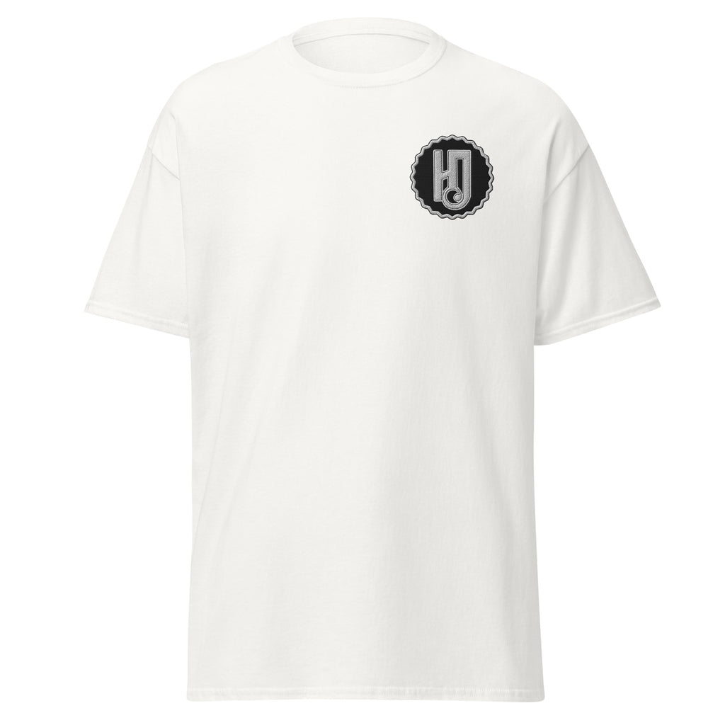 Front of the White Human Days Ignited Tee, showing the white and black embroidered HD logo on the left chest